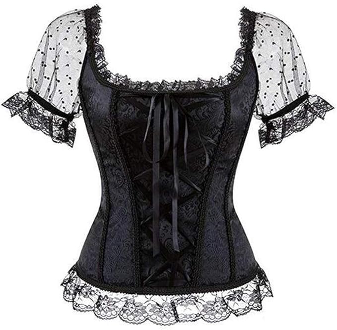 chenyi 女式公主文艺复兴时期紧身衣花卉褶皱袖优雅服装束腰紧身胸衣